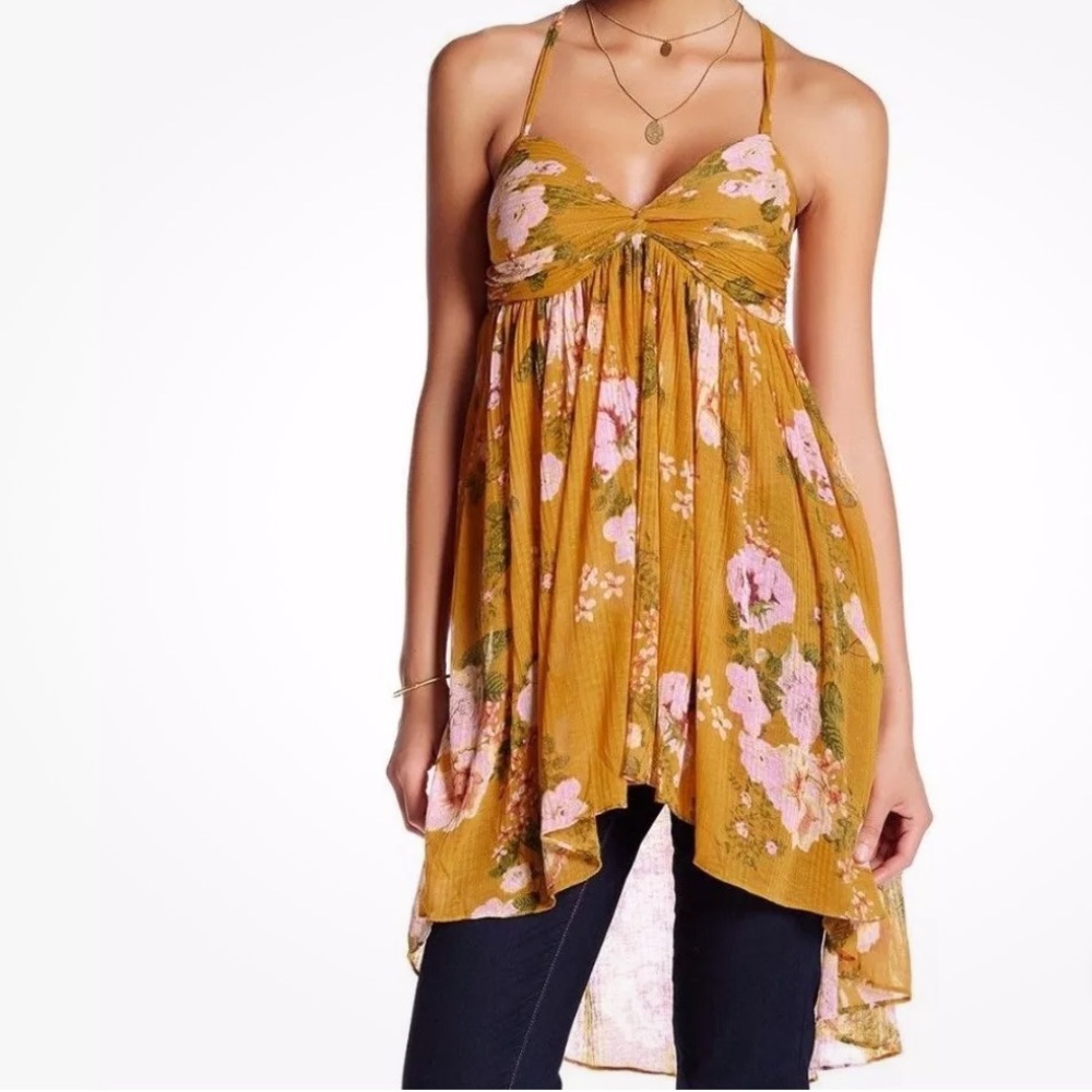 Free People Mustard Floral Hi Lo Hem Removable Spaghetti Strap Tunic